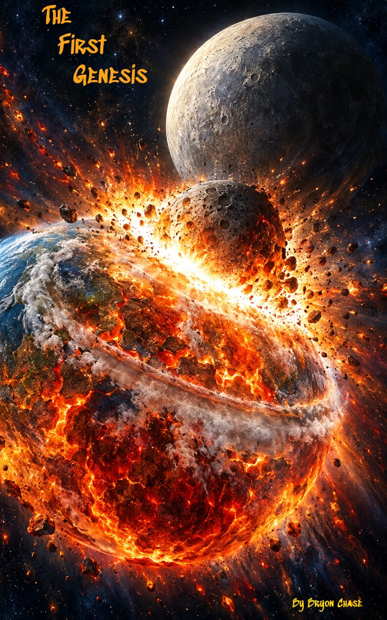 The First Genesis cover: a moon crashing into a burning Earth