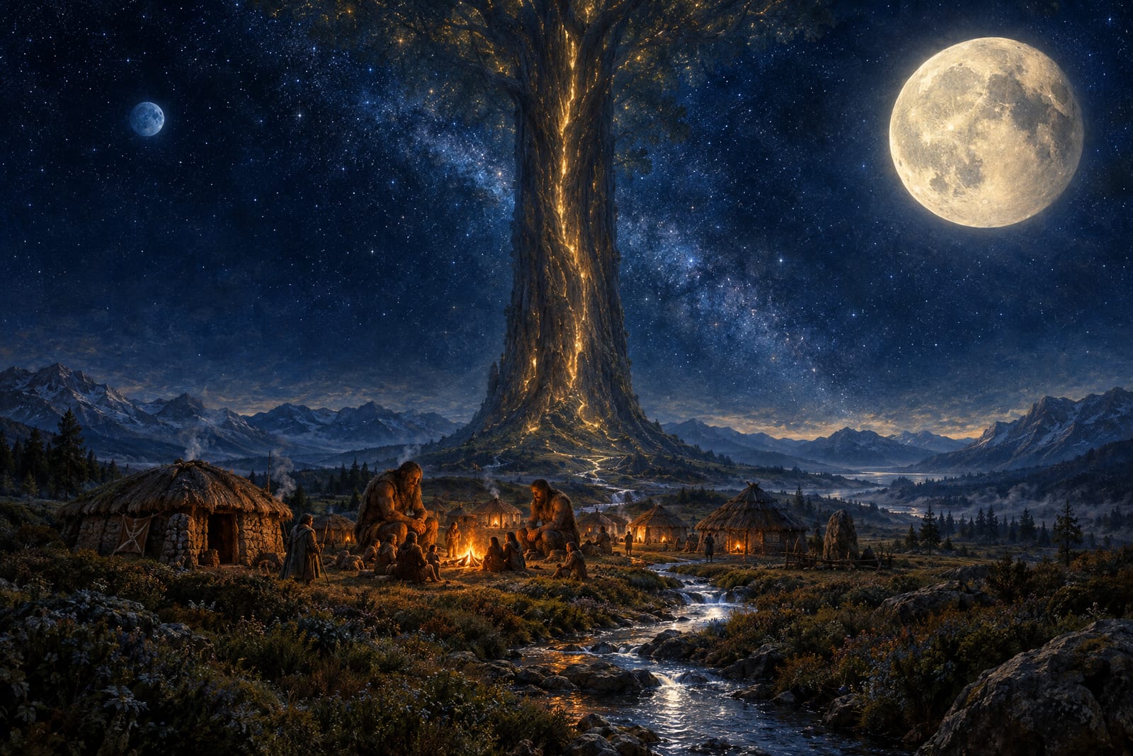 Giants and villagers gather by firelight beneath a vast glowing tree under two moons